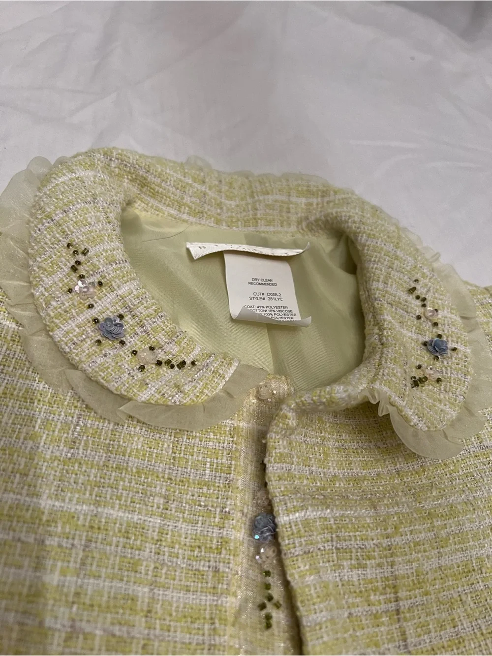 Biscotti Collezioni Girls Pastel Yellow Tweed Long Dress Coat / Jacket - Size 5